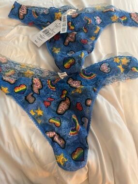 Hanky Panky Blue Lace Thong with Multicolor Heart & Star Motif